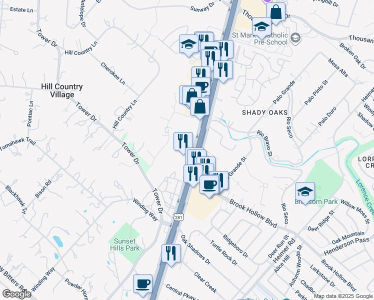 map of restaurants, bars, coffee shops, grocery stores, and more near 15327 San Pedro Avenue in San Antonio