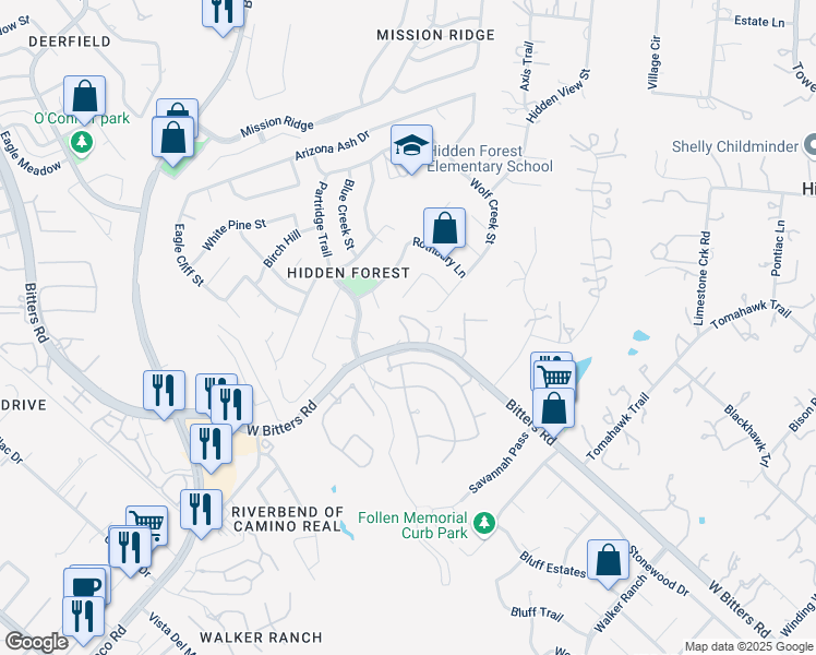 map of restaurants, bars, coffee shops, grocery stores, and more near 21 Greens Shade in San Antonio