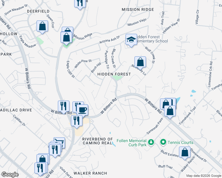 map of restaurants, bars, coffee shops, grocery stores, and more near 15210 Forest Stone Street in San Antonio