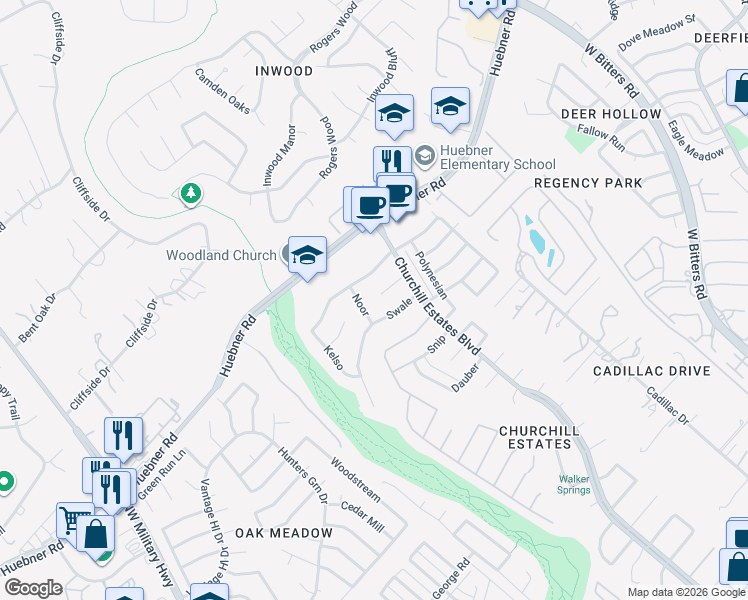 map of restaurants, bars, coffee shops, grocery stores, and more near 14807 Swale in San Antonio