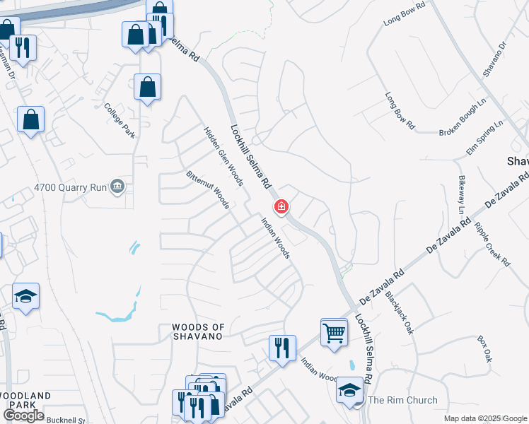 map of restaurants, bars, coffee shops, grocery stores, and more near 14542 Indian Woods in San Antonio