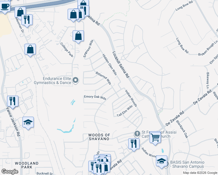 map of restaurants, bars, coffee shops, grocery stores, and more near 4510 Honey Locust Woods in San Antonio