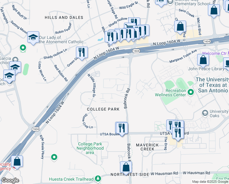 map of restaurants, bars, coffee shops, grocery stores, and more near 7331 University Row in San Antonio