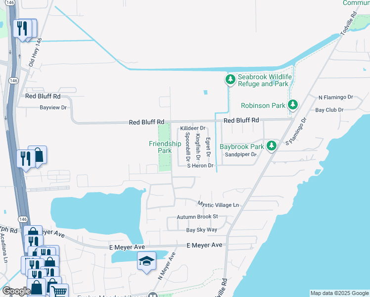 map of restaurants, bars, coffee shops, grocery stores, and more near 4330 Spoonbill Drive in Seabrook