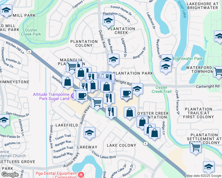 map of restaurants, bars, coffee shops, grocery stores, and more near 4717 Cartwright Road in Missouri City