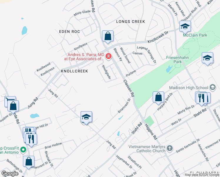 map of restaurants, bars, coffee shops, grocery stores, and more near 4318 Morgans Run in San Antonio