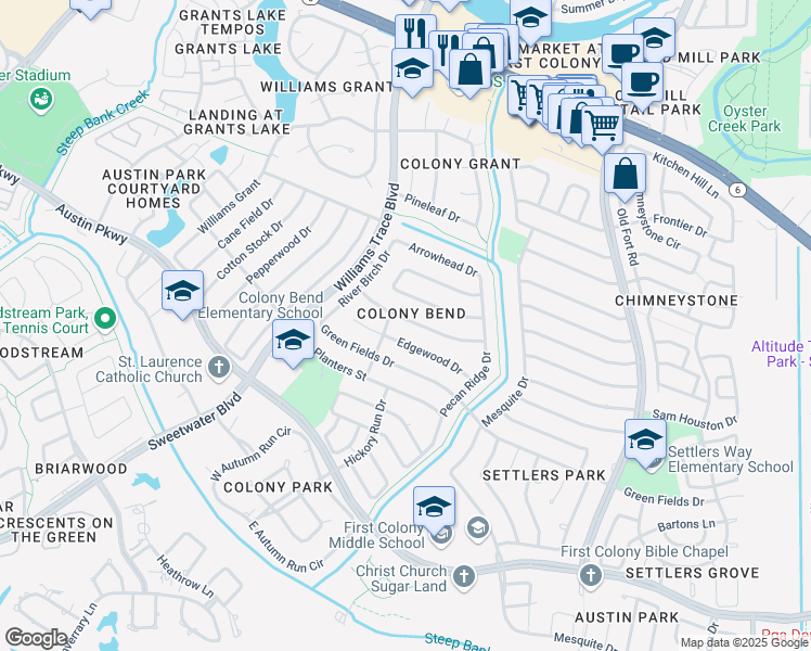 map of restaurants, bars, coffee shops, grocery stores, and more near 2910 Colonial Drive in Sugar Land