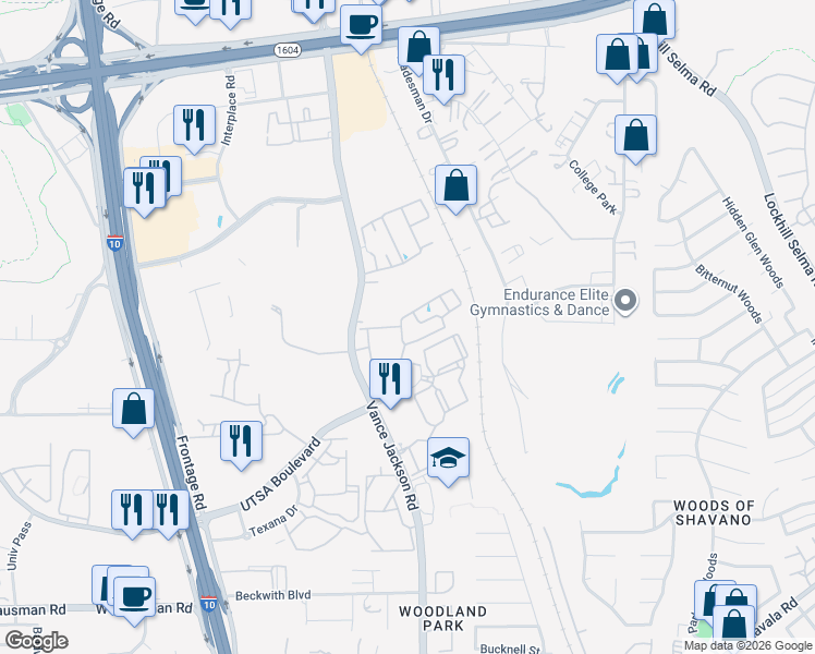 map of restaurants, bars, coffee shops, grocery stores, and more near 14614 Vance Jackson Road in San Antonio