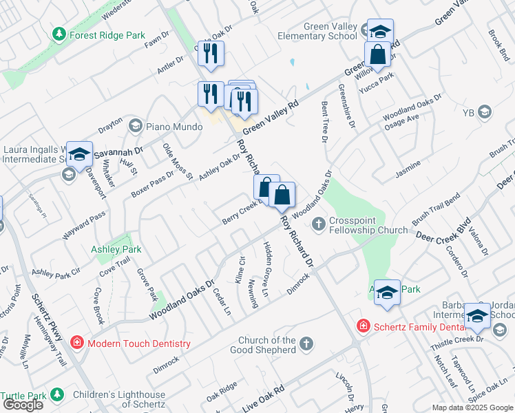 map of restaurants, bars, coffee shops, grocery stores, and more near 1124 Berry Creek Drive in Schertz