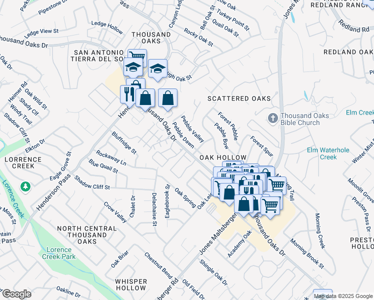 map of restaurants, bars, coffee shops, grocery stores, and more near 2626 Thousand Oaks Drive in San Antonio