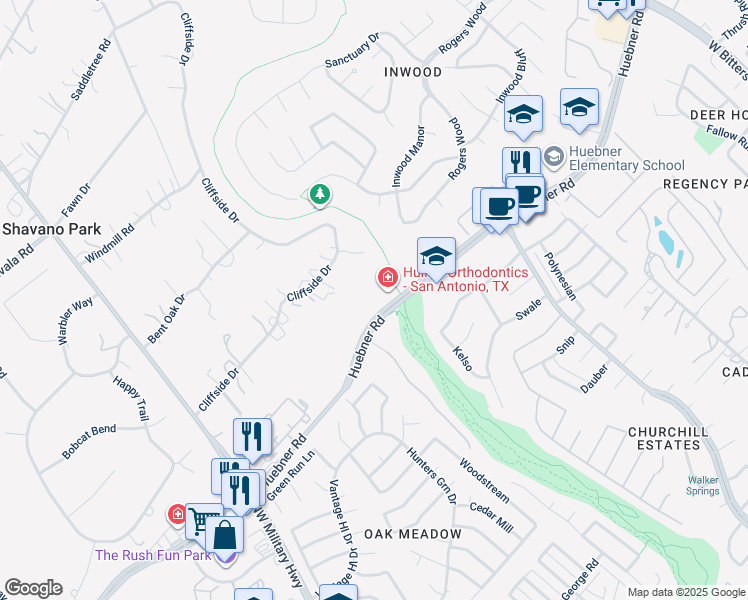 map of restaurants, bars, coffee shops, grocery stores, and more near 15303 Huebner Road in San Antonio