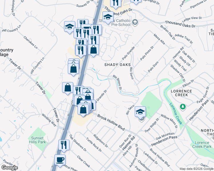 map of restaurants, bars, coffee shops, grocery stores, and more near 102 Encino Blanco Street in San Antonio