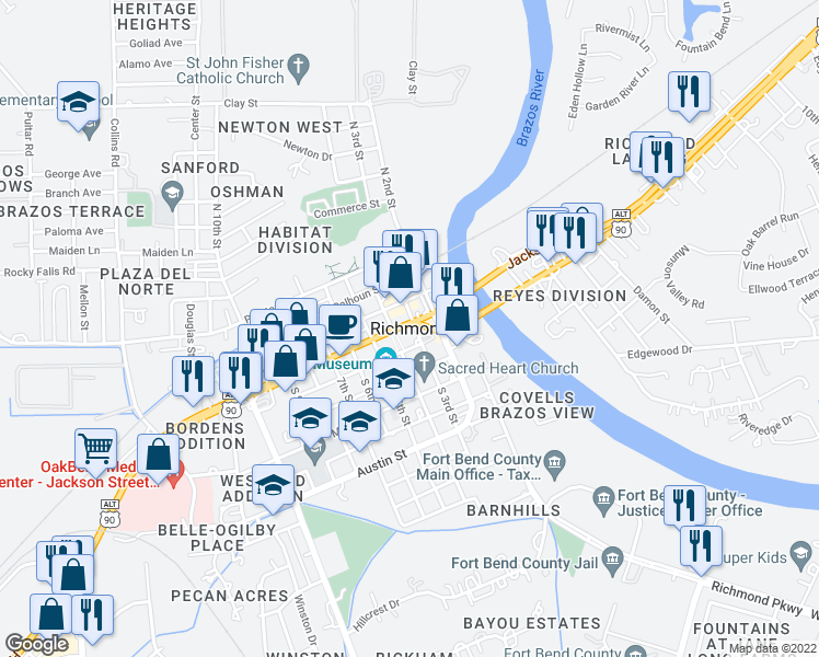 map of restaurants, bars, coffee shops, grocery stores, and more near in Richmond