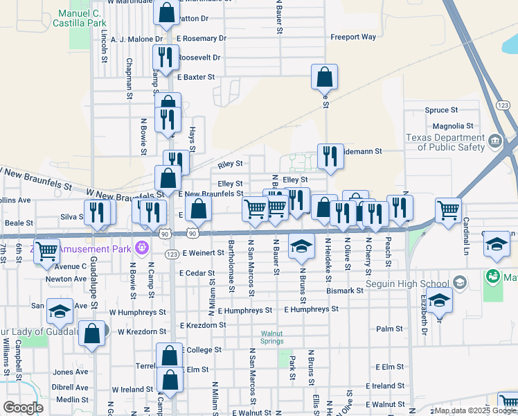 map of restaurants, bars, coffee shops, grocery stores, and more near 421 Moore Street in Seguin