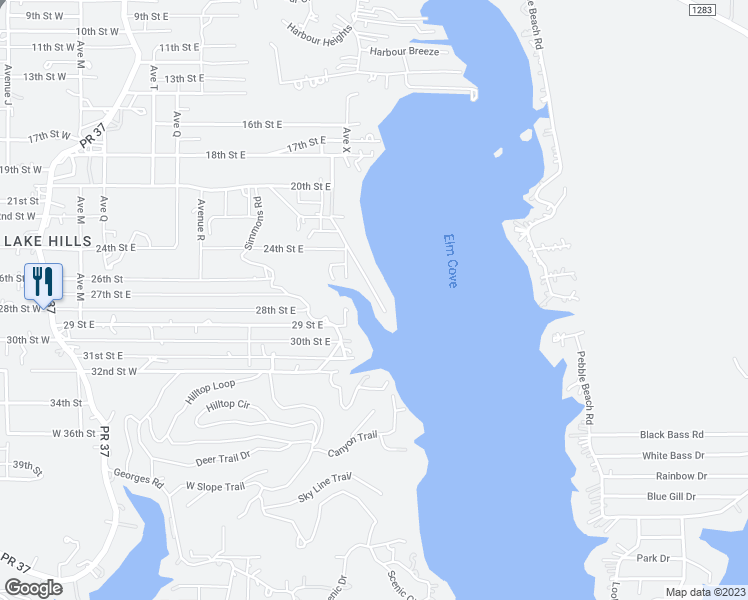 map of restaurants, bars, coffee shops, grocery stores, and more near 452 Elmhurst Drive in Lakehills