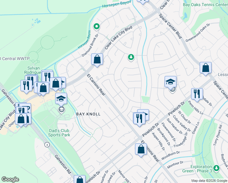 map of restaurants, bars, coffee shops, grocery stores, and more near 14506 Sycamore Lake Road in Houston