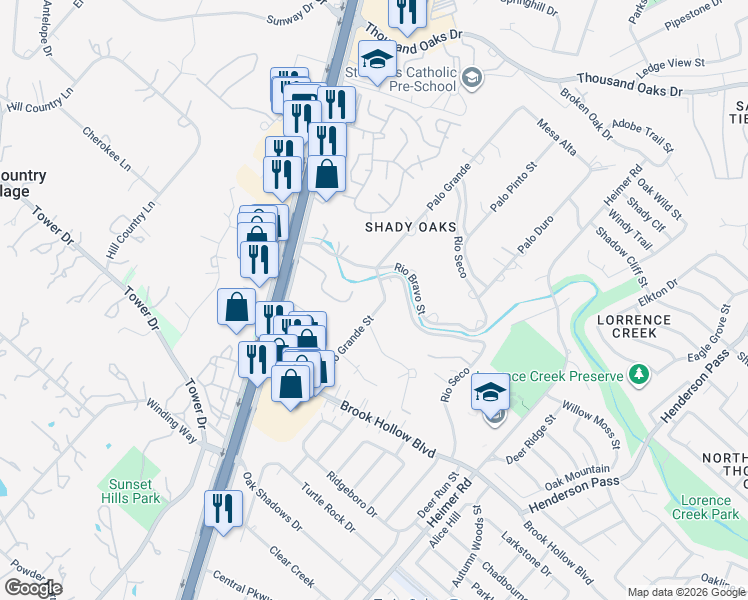 map of restaurants, bars, coffee shops, grocery stores, and more near 102 Encino Blanco Street in San Antonio