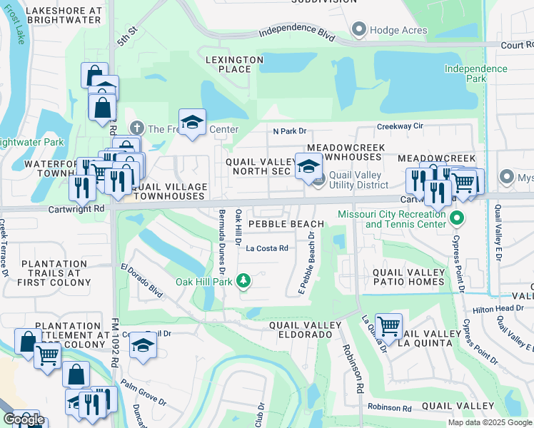 map of restaurants, bars, coffee shops, grocery stores, and more near 3306 Continental Drive in Missouri City