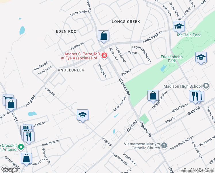 map of restaurants, bars, coffee shops, grocery stores, and more near 4318 Morgans Run in San Antonio