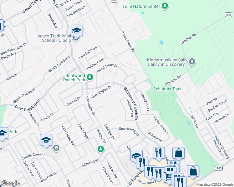 map of restaurants, bars, coffee shops, grocery stores, and more near 302 Birkdale Drive in Cibolo