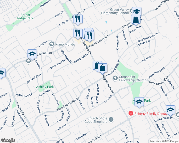 map of restaurants, bars, coffee shops, grocery stores, and more near 2816 Hidden Grove Lane in Schertz