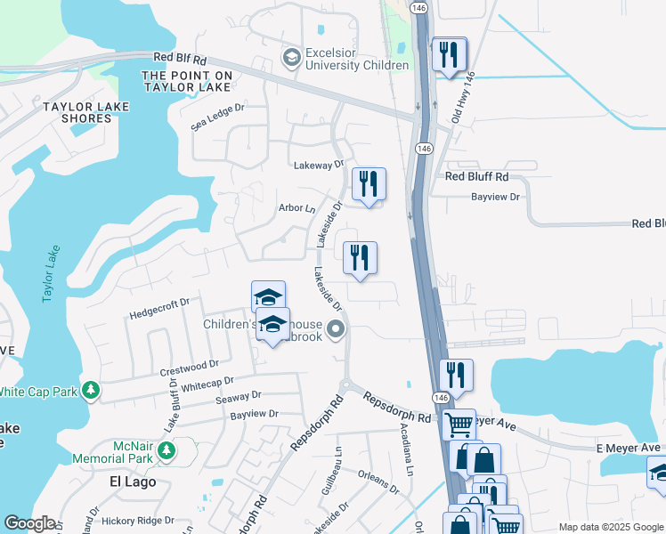 map of restaurants, bars, coffee shops, grocery stores, and more near in Taylor Lake Village