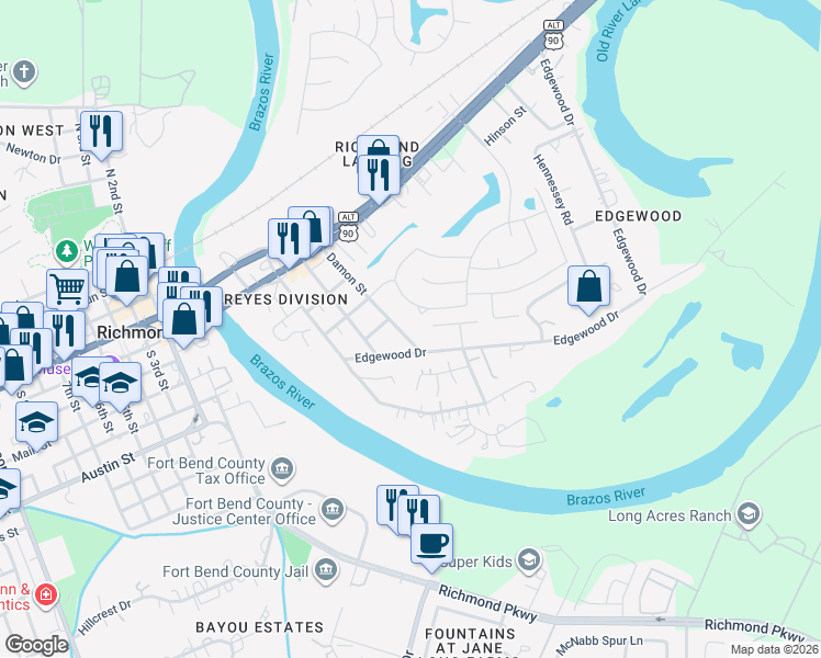 map of restaurants, bars, coffee shops, grocery stores, and more near 409 Damon Street in Richmond