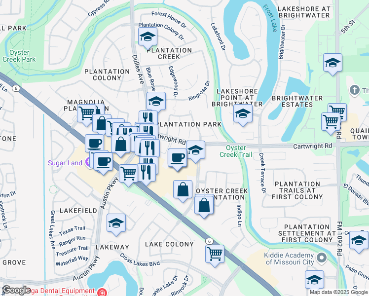 map of restaurants, bars, coffee shops, grocery stores, and more near 2700 Gregway Lane in Missouri City