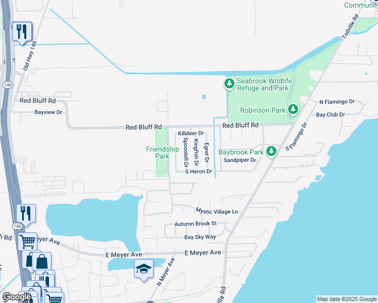 map of restaurants, bars, coffee shops, grocery stores, and more near 4333 Spoonbill Drive in Seabrook