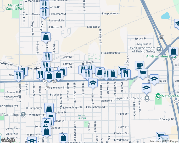 map of restaurants, bars, coffee shops, grocery stores, and more near 719 East New Braunfels Street in Seguin