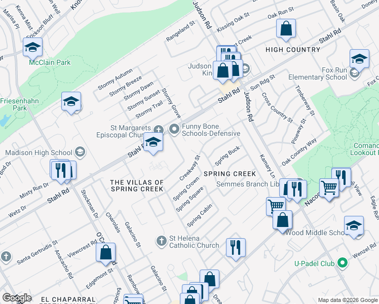 map of restaurants, bars, coffee shops, grocery stores, and more near 5306 Spring Day in San Antonio