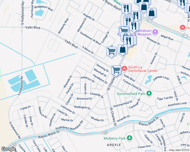 map of restaurants, bars, coffee shops, grocery stores, and more near 401 Pendleton Drive in Houma