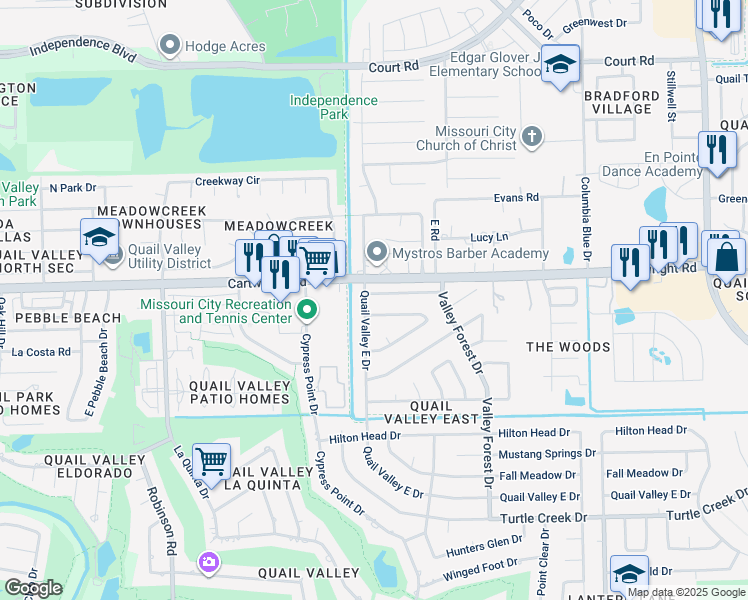 map of restaurants, bars, coffee shops, grocery stores, and more near 2427 Ridgemont Drive in Missouri City