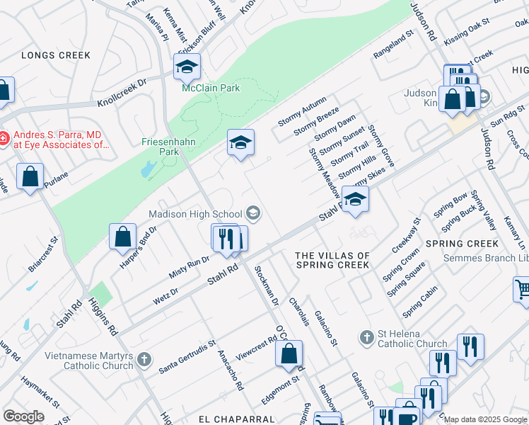 map of restaurants, bars, coffee shops, grocery stores, and more near 5005 Stahl Road in San Antonio