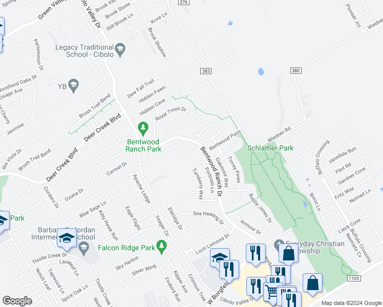 map of restaurants, bars, coffee shops, grocery stores, and more near 229 Turnberry Drive in Cibolo
