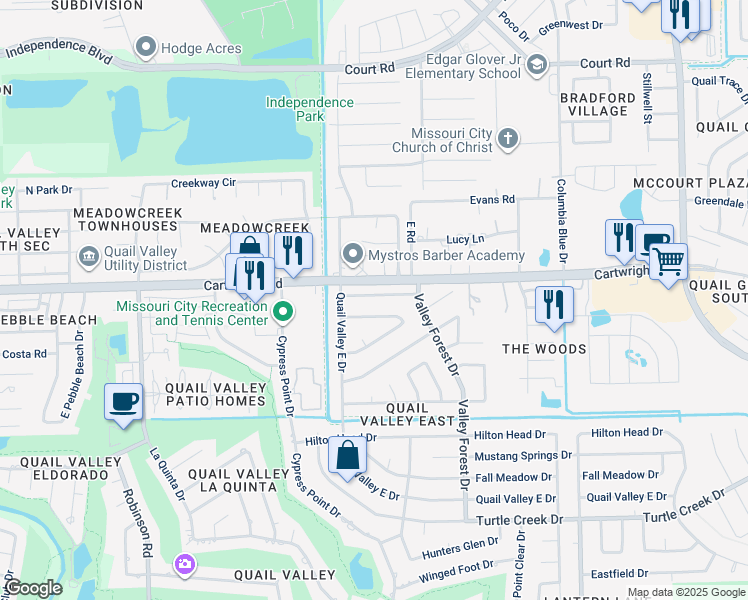 map of restaurants, bars, coffee shops, grocery stores, and more near 2406 Ridgemont Drive in Missouri City