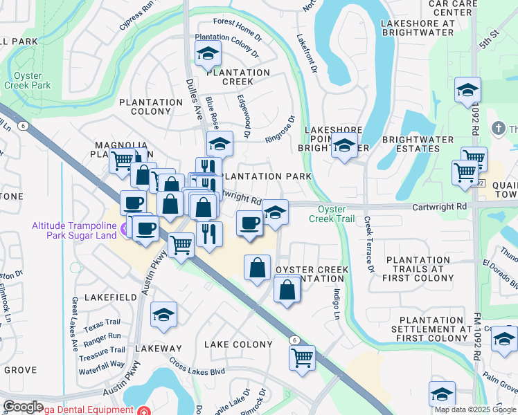map of restaurants, bars, coffee shops, grocery stores, and more near 2700 Gregway Lane in Missouri City