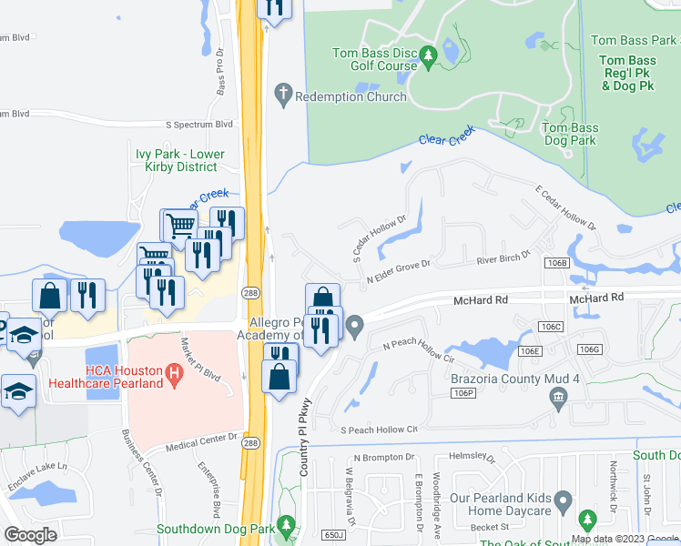 map of restaurants, bars, coffee shops, grocery stores, and more near Elder Grove Court in Pearland