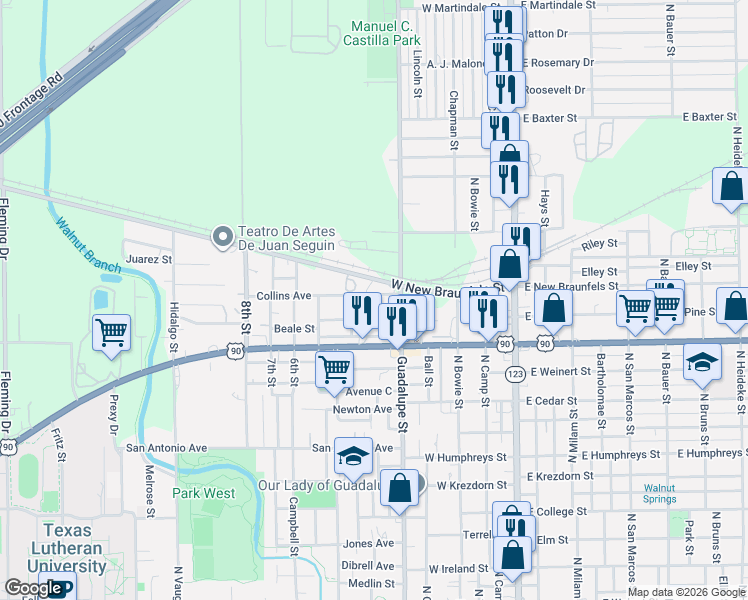map of restaurants, bars, coffee shops, grocery stores, and more near 519 Collins Avenue in Seguin