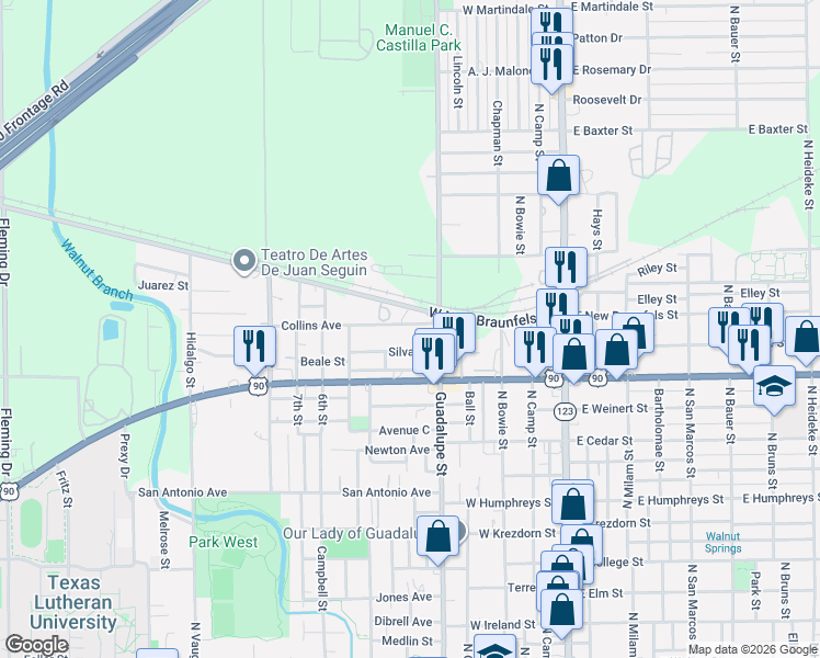 map of restaurants, bars, coffee shops, grocery stores, and more near 519 Collins Avenue in Seguin