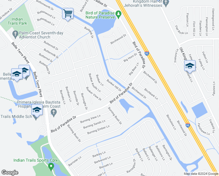 map of restaurants, bars, coffee shops, grocery stores, and more near 6 Bunker Lane in Palm Coast