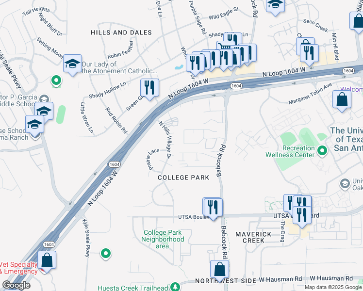 map of restaurants, bars, coffee shops, grocery stores, and more near 14211 Spotted Cedar in San Antonio