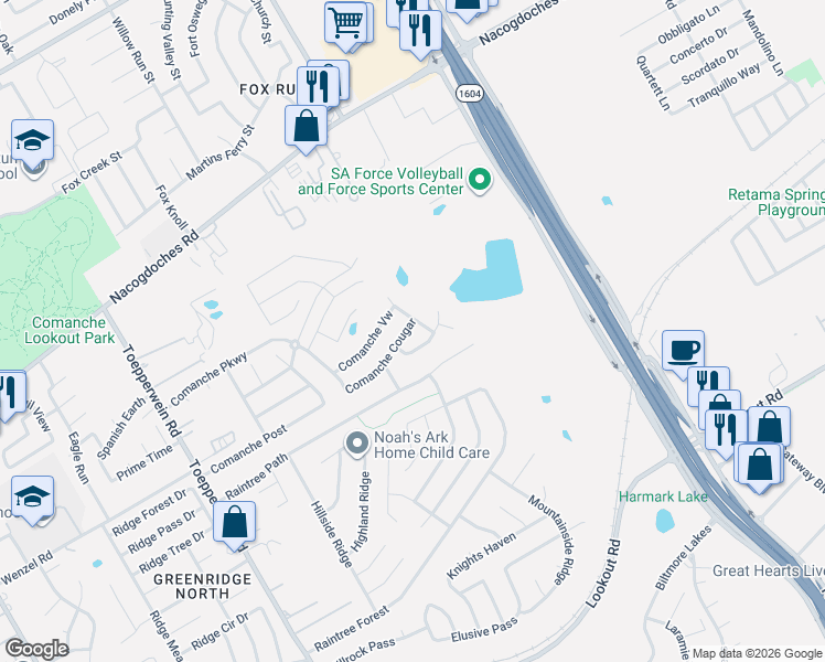 map of restaurants, bars, coffee shops, grocery stores, and more near 6939-6943 Raintree Path in San Antonio