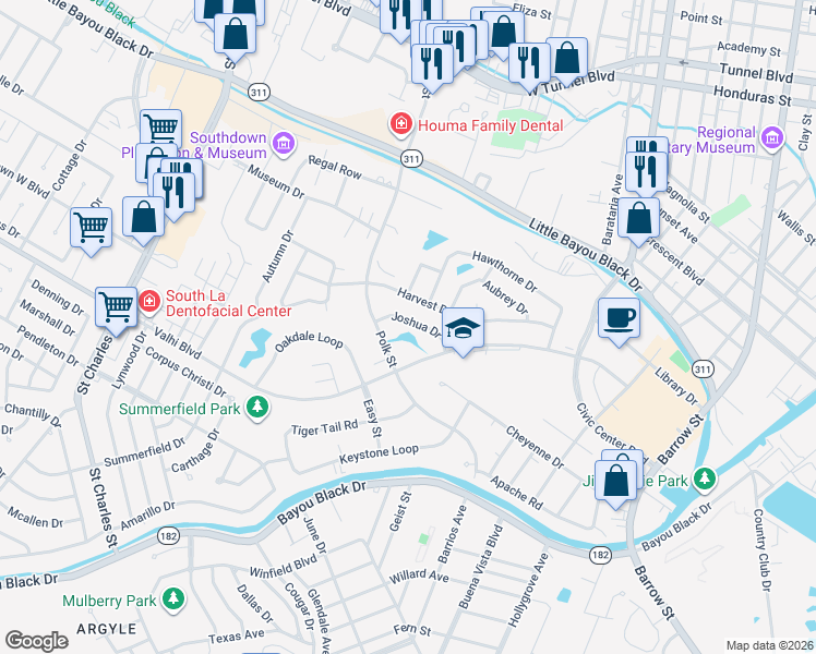 map of restaurants, bars, coffee shops, grocery stores, and more near 1709 Joshua Drive in Houma