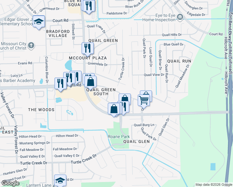 map of restaurants, bars, coffee shops, grocery stores, and more near 1410 Cartwright Road in Missouri City