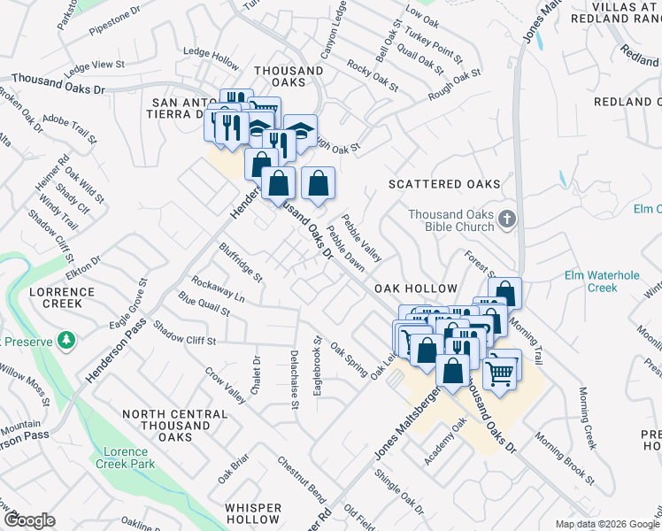 map of restaurants, bars, coffee shops, grocery stores, and more near 2626 Thousand Oaks Drive in San Antonio