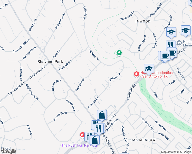map of restaurants, bars, coffee shops, grocery stores, and more near 108 Bent Oak Drive in Shavano Park