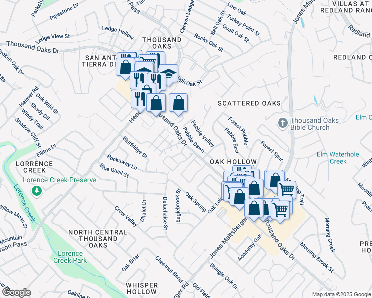 map of restaurants, bars, coffee shops, grocery stores, and more near 2600 Thousand Oaks Drive in San Antonio