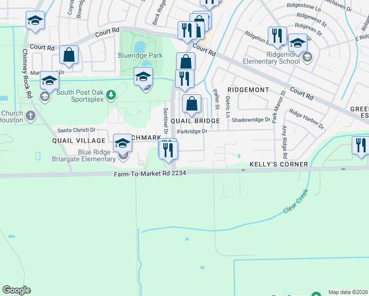 map of restaurants, bars, coffee shops, grocery stores, and more near 16621 Monte Carlo Court in Houston