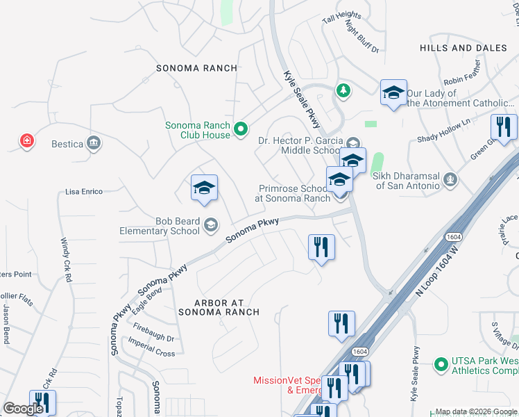 map of restaurants, bars, coffee shops, grocery stores, and more near 111 Santa Fe Walk in Helotes